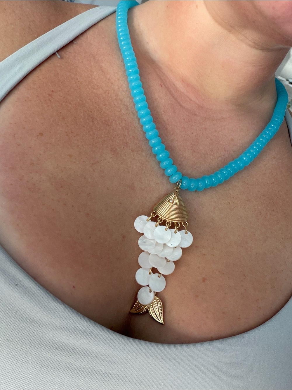 Anthropologie Turquoise Beaded Necklace with Mother-of-Pearl & Gold Pendant